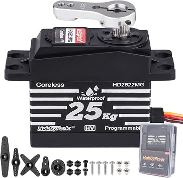 HobbyPark Waterproof RC Servo 25KG High Torque Metal Gear Digital Servo for 1/12 1/10 RC Car Truck Buggy Programmable 2BB Control Angle 180 HV Coreless Motor