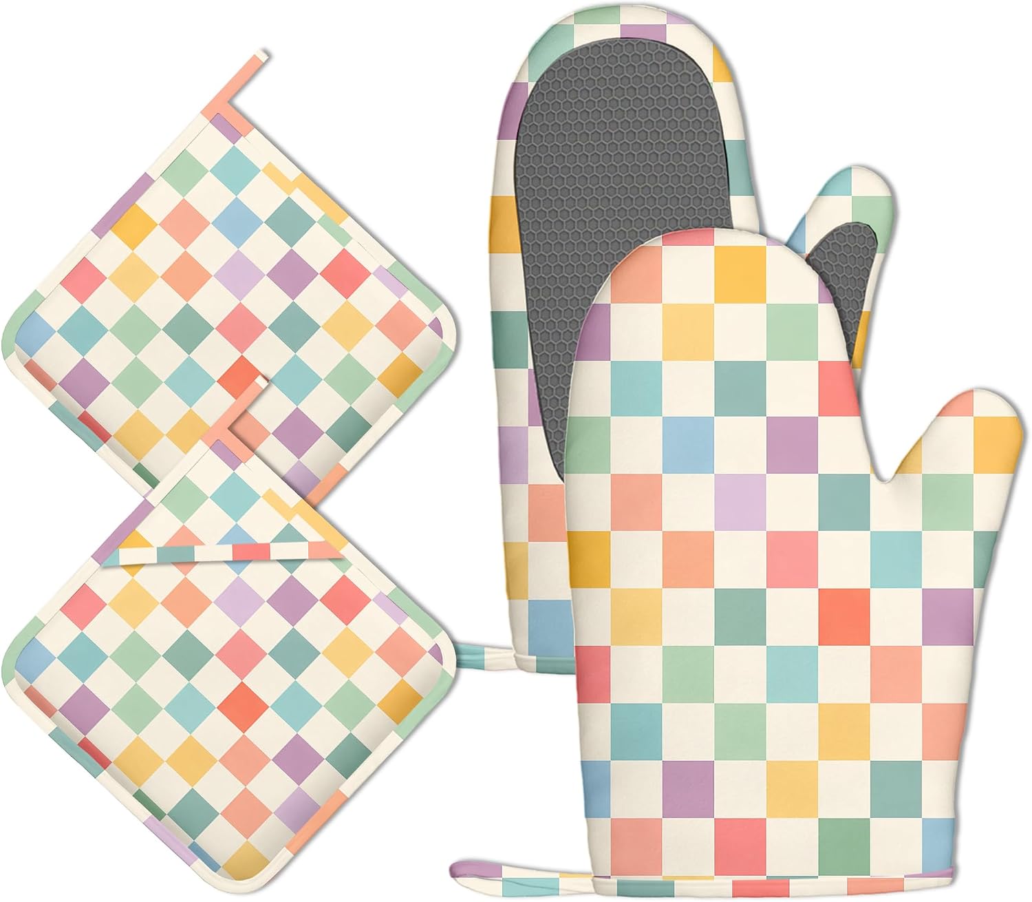 Colorful Checkerboard Oven Mitts and Pot Holders Sets of 4, Heat Resistant Silicone Oven Mitts Gloves Non-Slip Kitchen Mittens Potholders for Cooking Baking Grilling BBQ