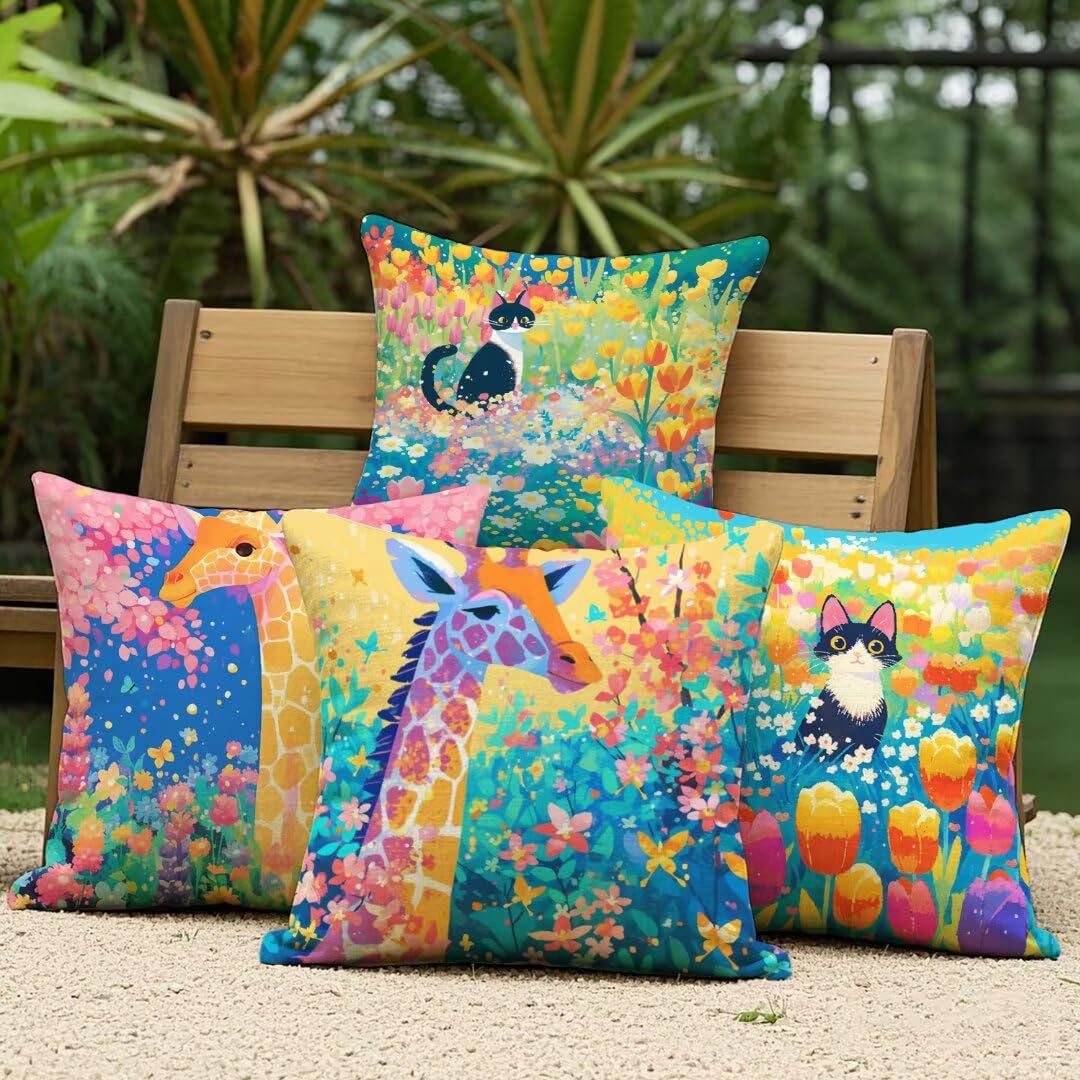 Fundas Cojines 45x45 cm Exterior Cojines Gato Fundas de Almohada Juego de 4, Cuadrados Funda Cojin Jirafa Almohadas con Cremallera, Sofa Cama Decorativos para Hogar, Jardín, Salón y Dormitorio Ym397