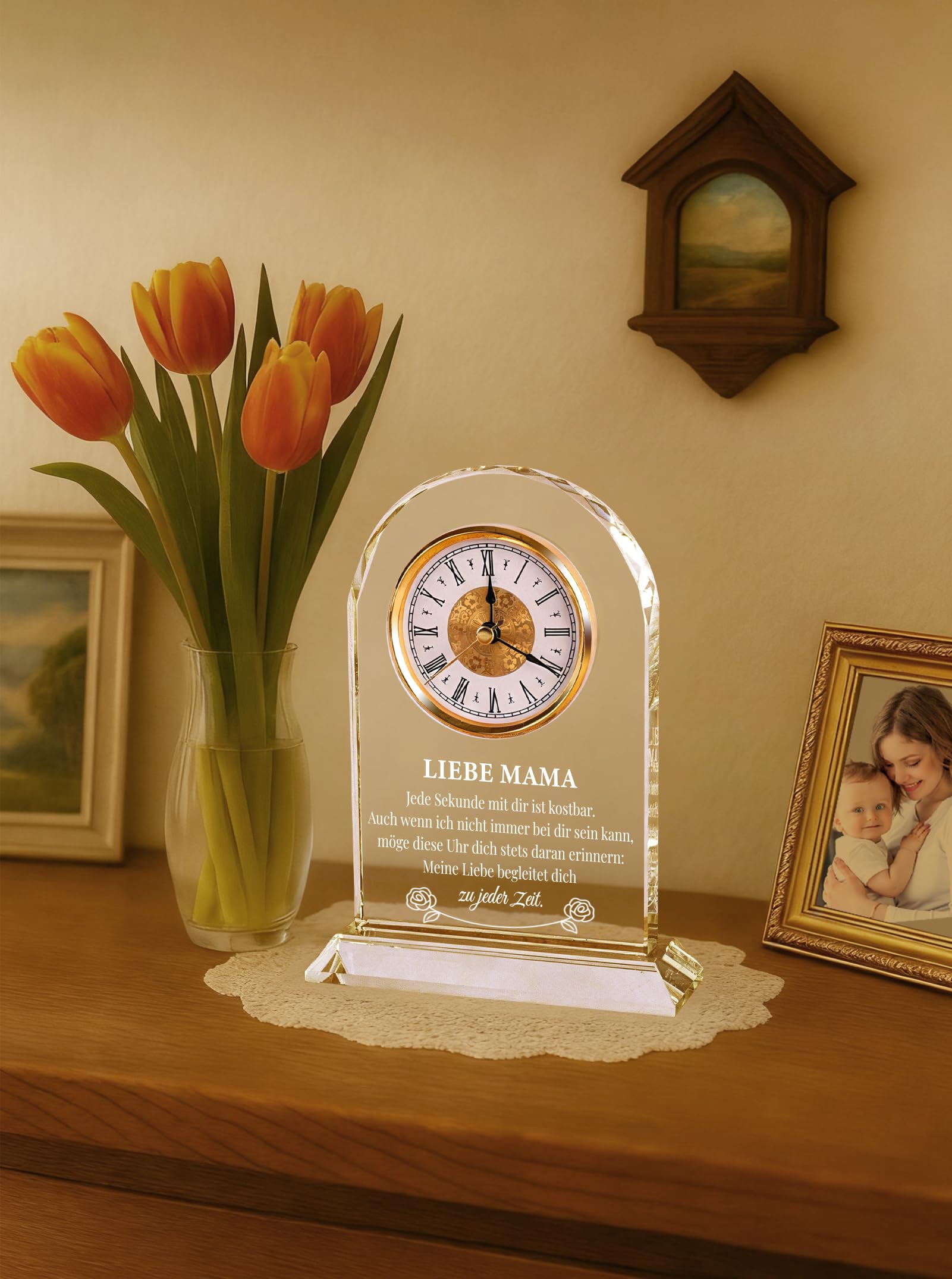 Geschenk für Mama zum Geburtstag & Muttertag – Edle Glasuhr mit Spruch von Tochter & Sohn – Besondere Geschenkideen für Frauen – Dekorative Tischuhr in Geschenkbox