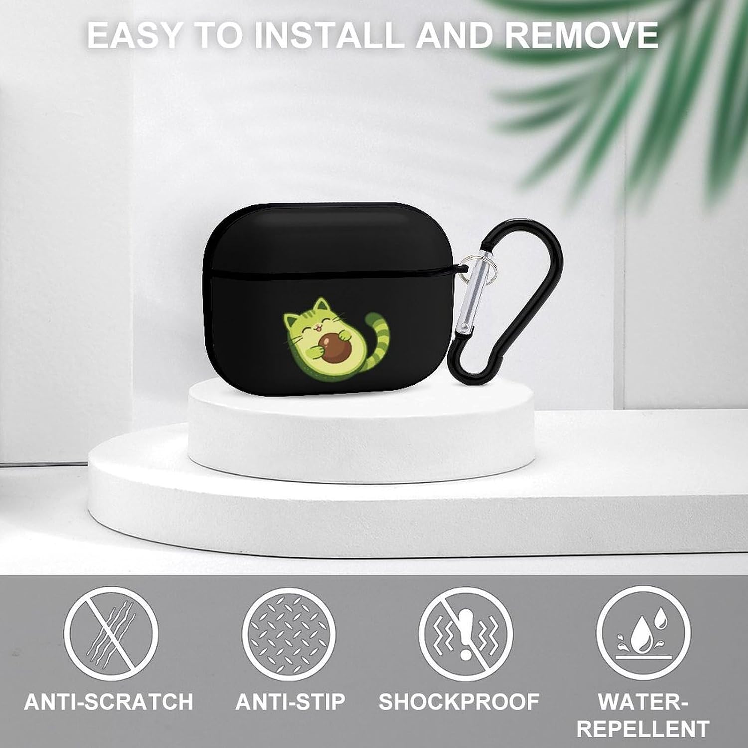 Avocado Cat Earphone Case PC Earbud Bag with Keychain Black-Style image 3