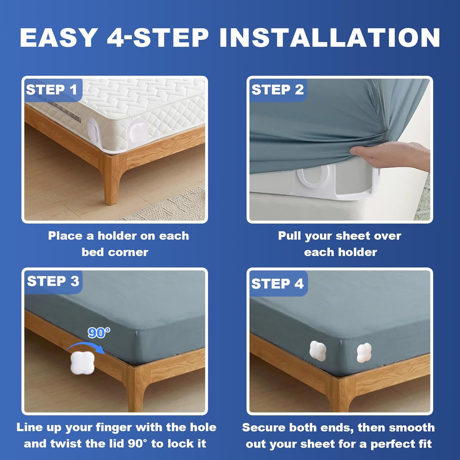 4Pcs Twist-Lock Bed Sheet Holders & Corner Grippers, Universal Fit All Mattress Sizes, No-Clip Design Stops Shifting for Tight Fit, Easy Installation