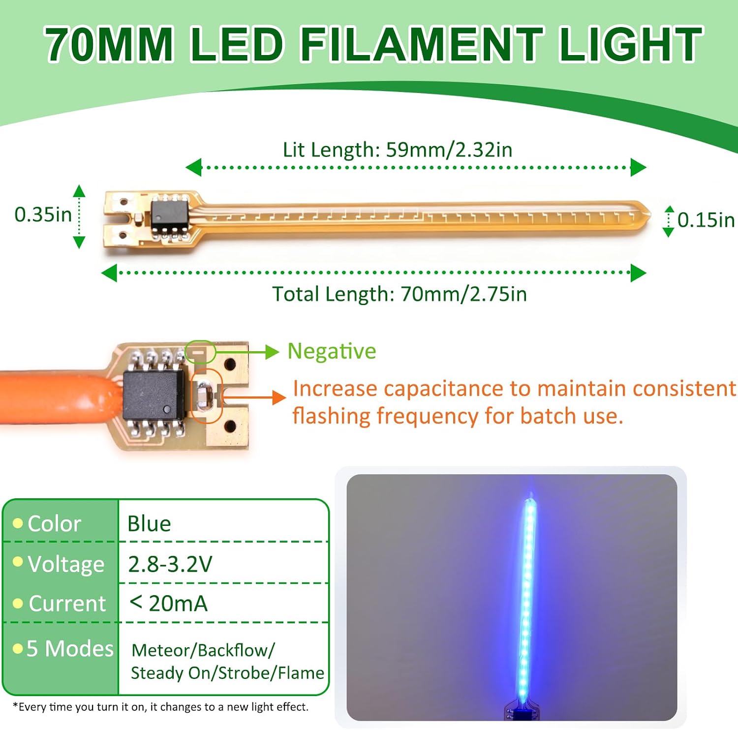 5PCS 3V 70mm Blue LED Meteor Rain Light, 5 Modes LED Meteor Shower Flowing Water Lamp, Incandescent Light Accessories for Cool Lighting, Party Decor（20mA）