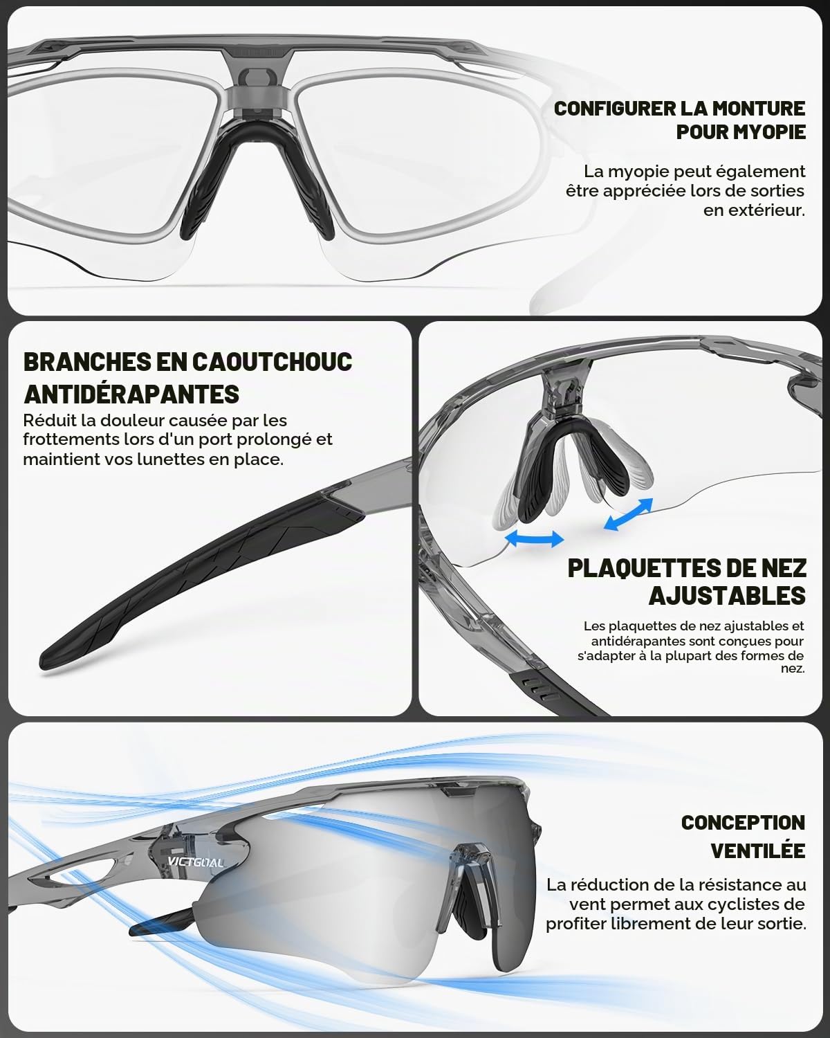 VICTGOAL Lunette de Cyclisme Photochromique Homme Femme Lunettes de Soleil de Cyclisme à Monture TR90 avec Protection UV Lunettes de Sport pour la Course à Pied et la Cyclisme