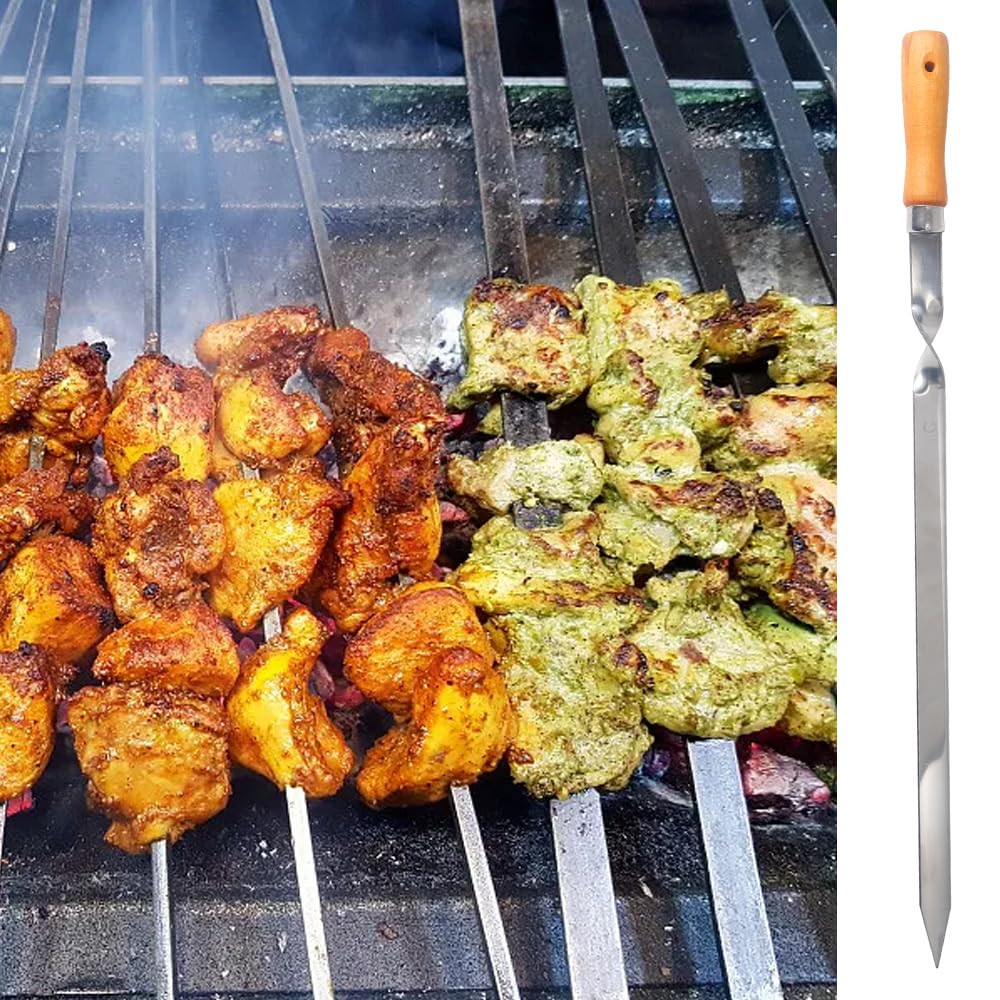 ZMC 20 spiedini per kebab da 55 cm, in acciaio inox, 2 cm di larghezza, 2 mm di spessore, con manico in legno, antiruggine, per carne, verdure, pesce, stabili e riutilizzabili per barbecue e barbecue