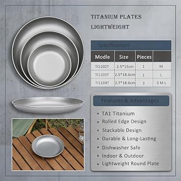 Camping Titanium Plates Lightweight Outdoor Tableware (3pcs 1104T)