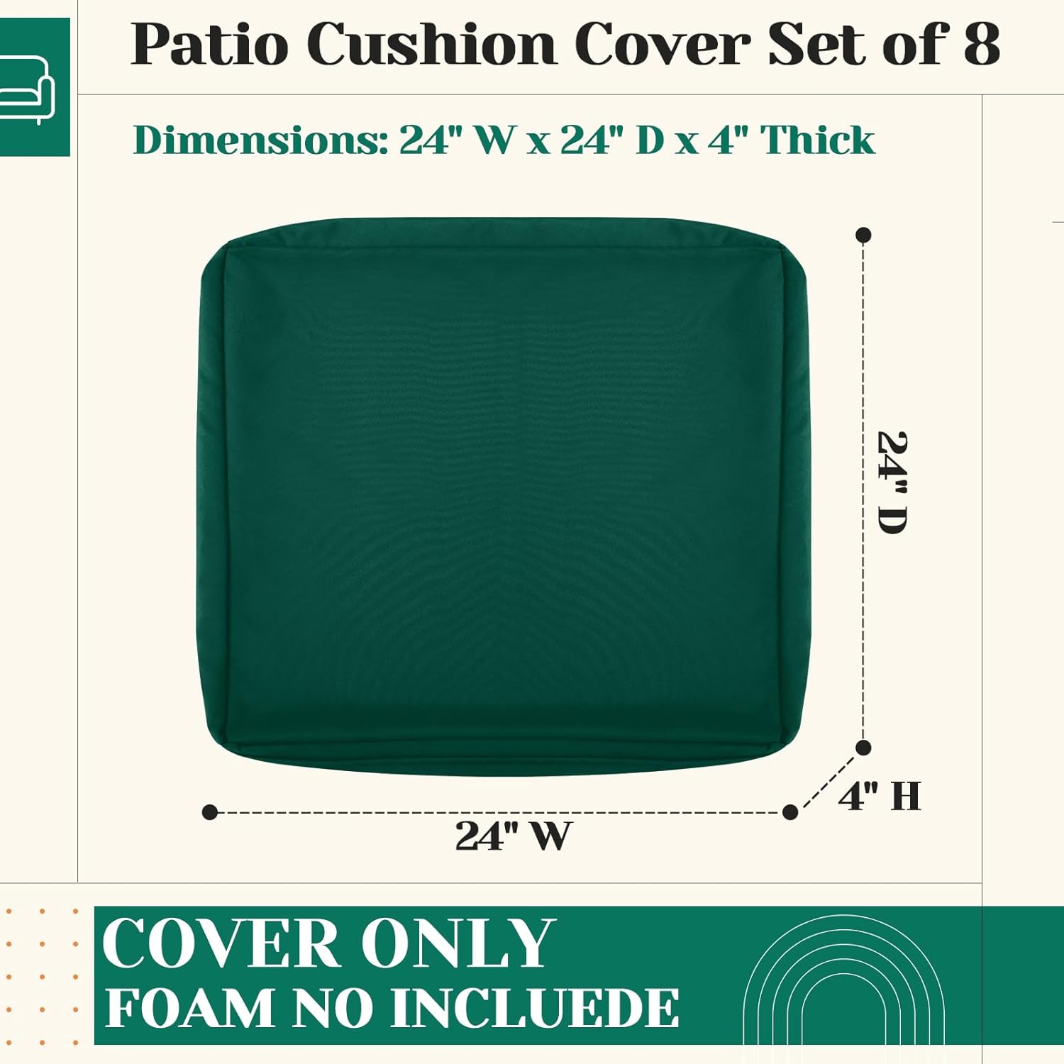 Mindsoft 8 Pcs 24"x24" Patio Cushion Covers Outdoor Cushion Covers Replacement High UV Resistant Anti Slip Waterproof Patio Chair Seat Slipcovers for Outdoor Furniture(Dark Green)