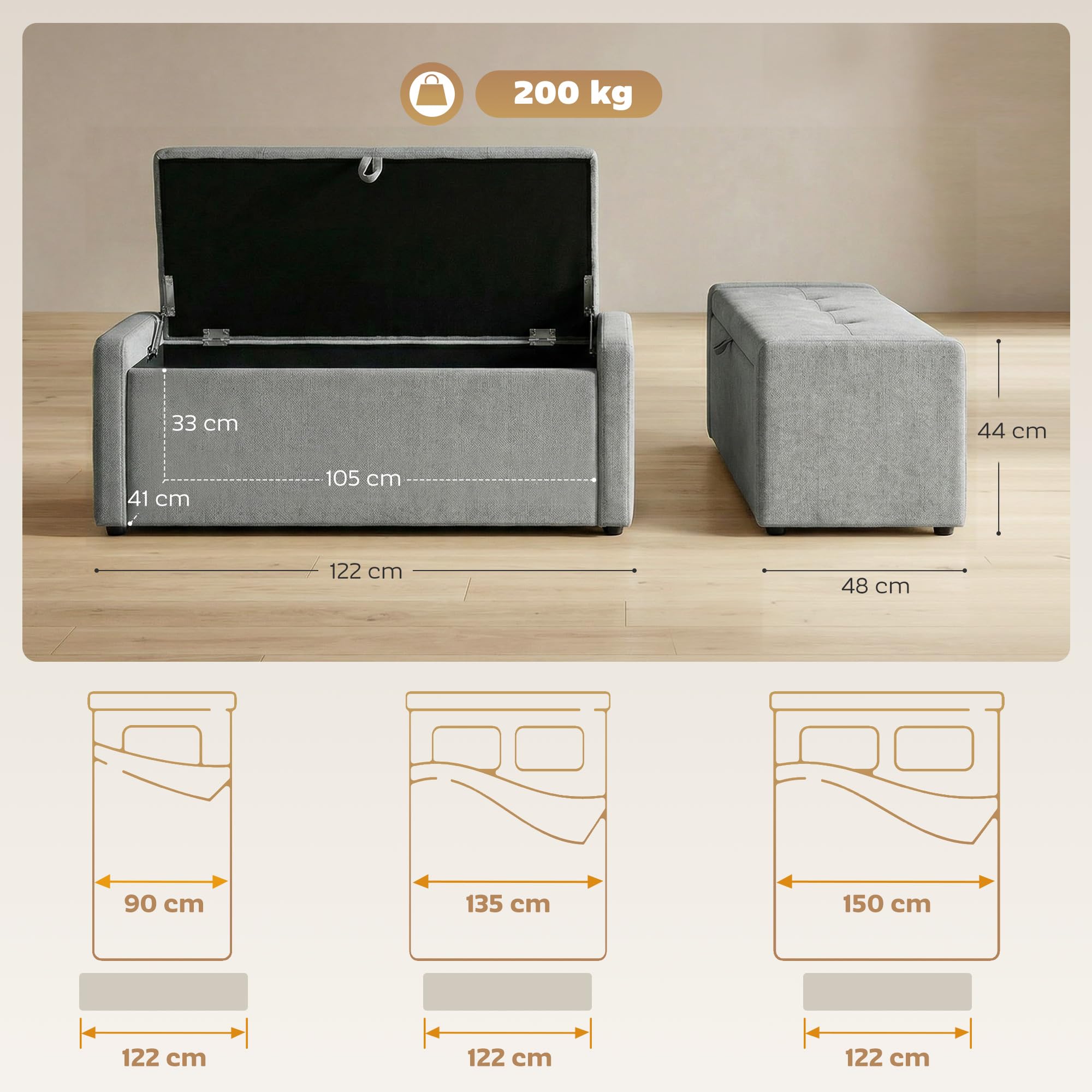 HOMCOM Cassapanca 142L Pouf Contenitore Poggiapiedi Grande 122x48x44cm, Seduta Imbottita 2 Posti, Panca Contenitore Effetto Lino, Struttura in Legno, 200 kg, Camera da Letto, Soggiorno