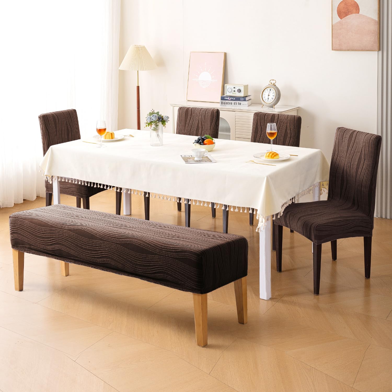 HOKIPO 200 GSM Premium Knitting Jacquard Stretchable Dining Chair Covers Set of 4 with Bench Cover – 'Nestiva Series', Chocolate Brown (AR-6284-BR)-image-7