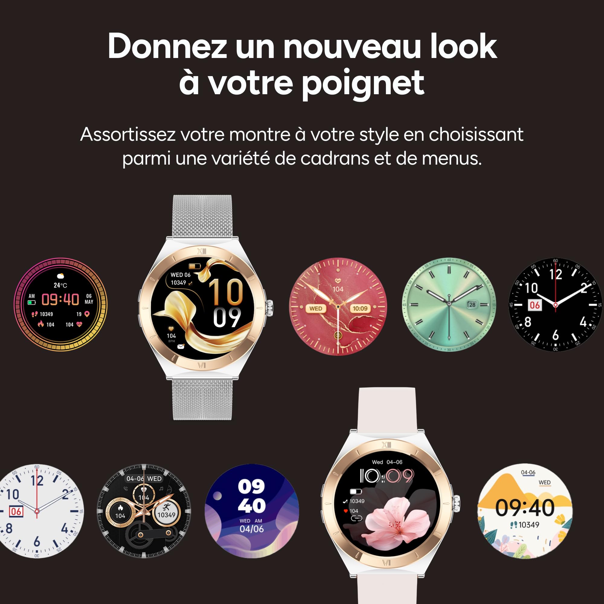 KSIX Montre connectée LYA Go pour Femme, écran AMOLED 1,19", autonomie de 5 Jours, Modes Sport et santé, Notifications, appels, Assistant Vocal, 2 Bracelets en métal et Silicone (Argent et Beige).