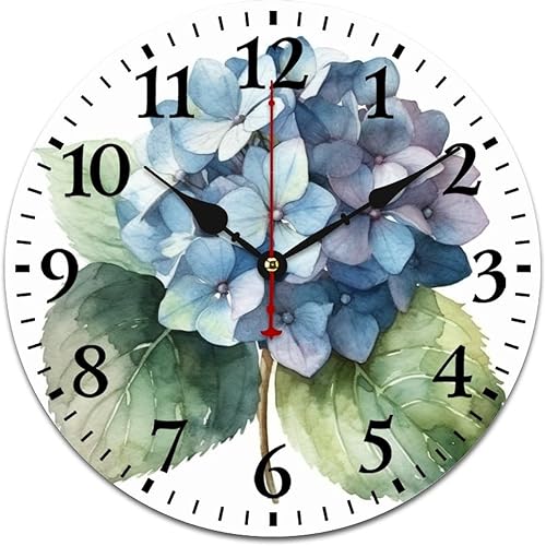 Reloj de pared de flores de hortensias azules de acuarela, hortensias azules, flores azules, reloj de pared con estampado de madera vintage,
