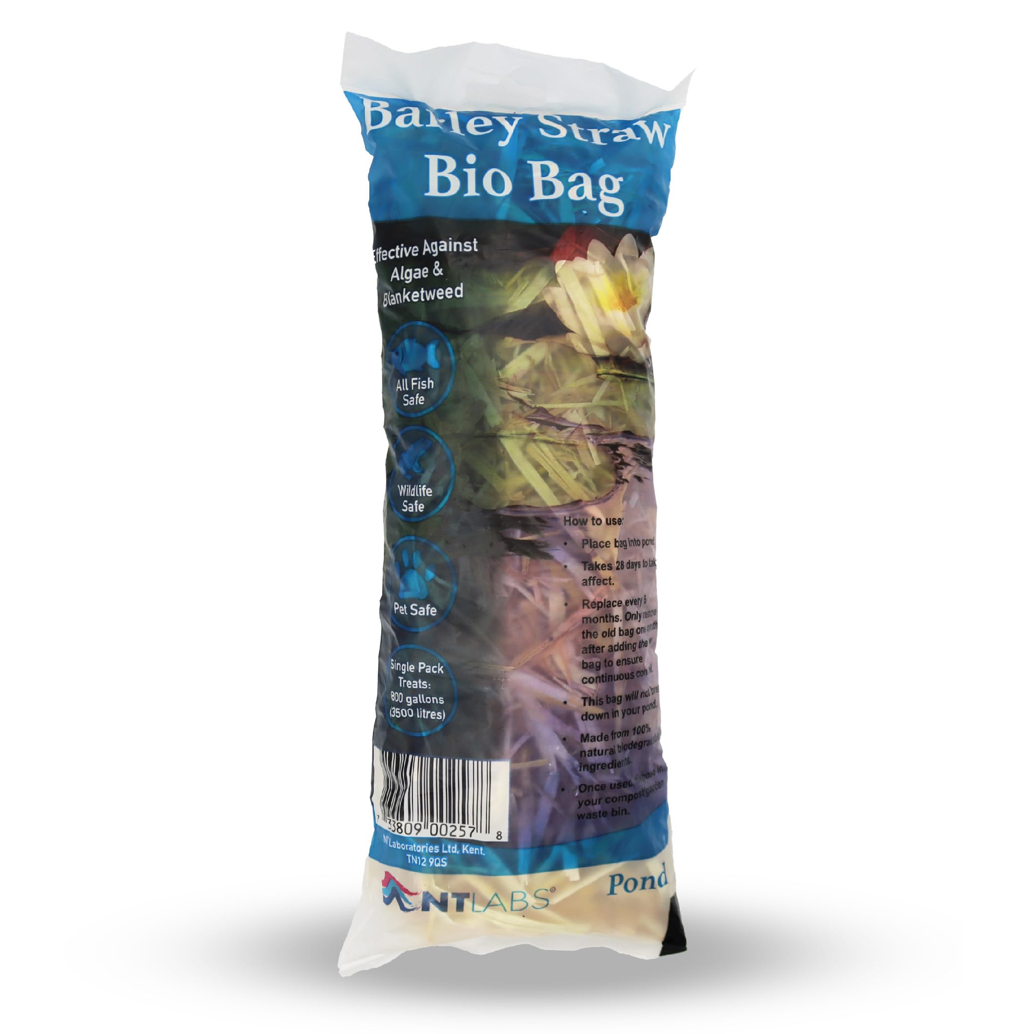NT Labs Pond Barley Straw Bio Bags, Barley Straw Pouches, Controls Green Water in Ponds, Natural Blanketweed Control, Compostable Barley Straw Bag (Single Pack - Treats 3500L)