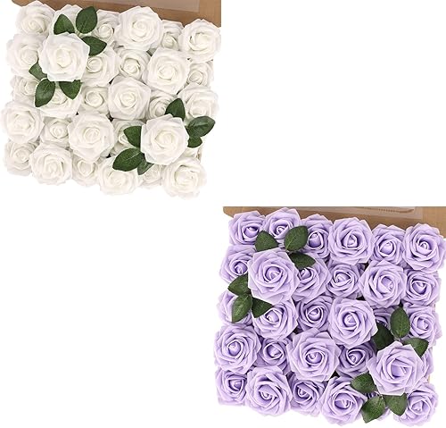 MACTING Flores de rosas artificiales, toque real para bricolaje, ramos, fiesta de boda, baby shower, hogar, decoración de árbol de Navidad, 60 piezas