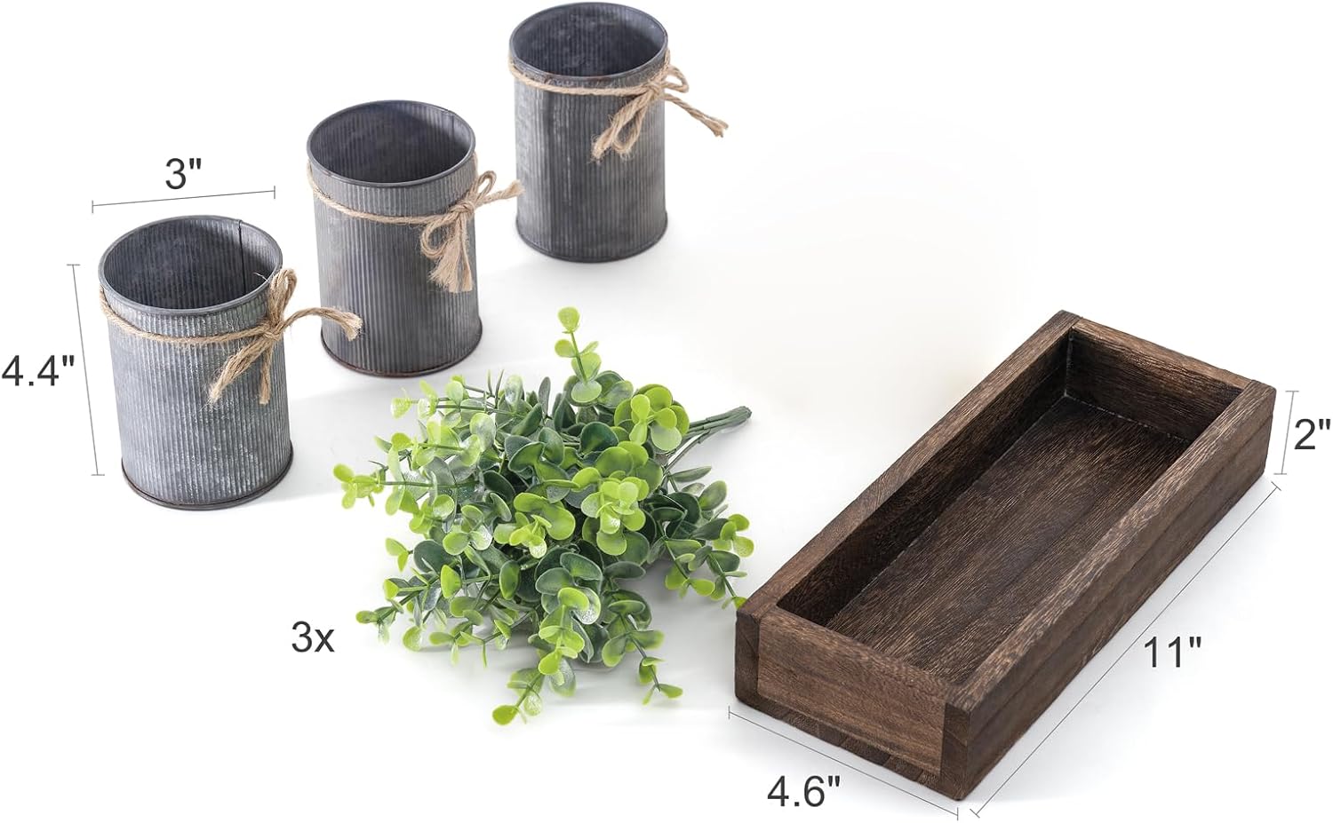 Dahey Centerpiece Table Decorations Coffee Table Decor Wood Tray 3 Galvanized Pots with Artificial Eucalyptus Plants Farmhouse Decor Table Centerpieces for Dinning Living Room Bath Kitchen, Brown - Image 5