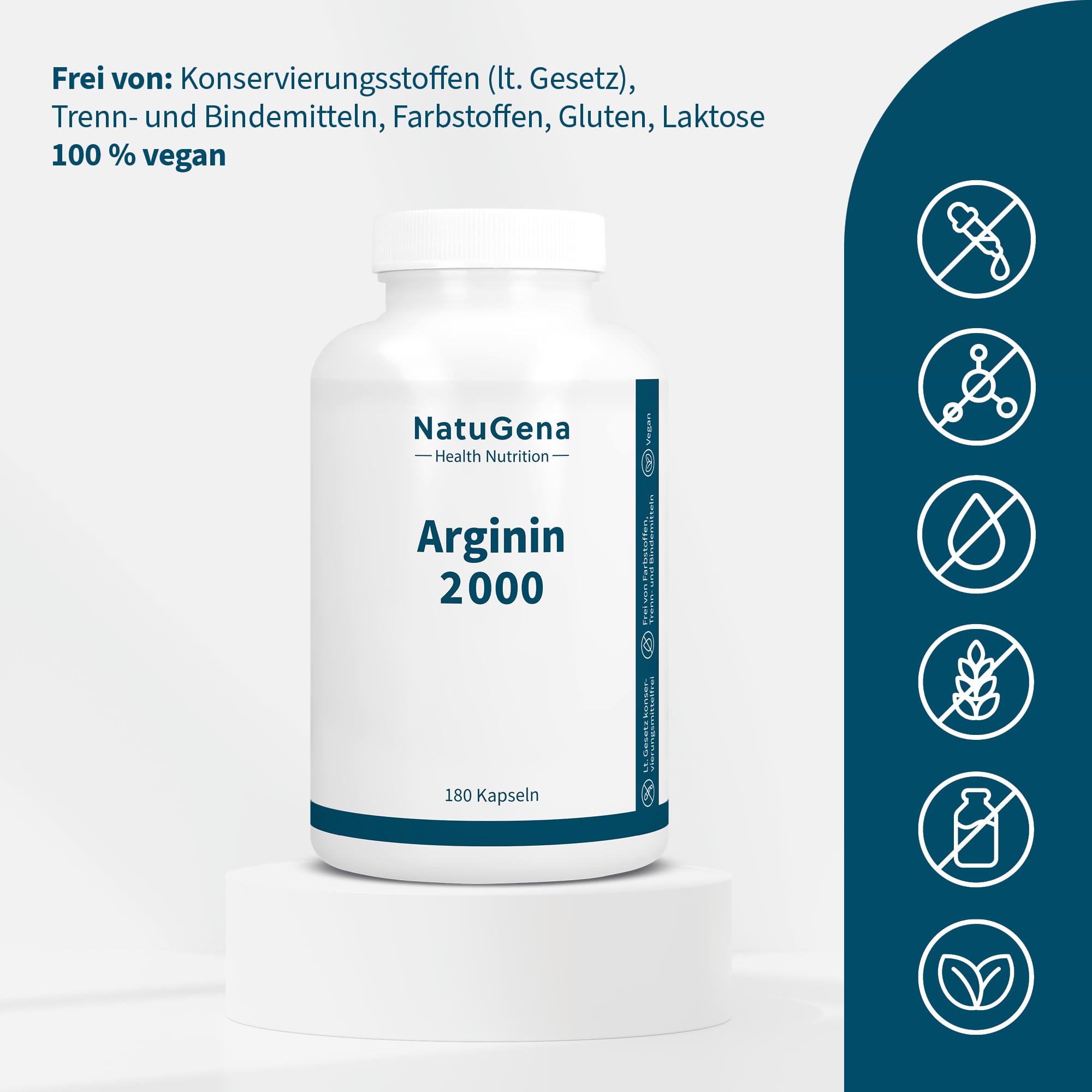 NatuGena Arginin 2000 Hochdosiertes Arginin & Citrullin, semi-essentielle Aminosäure L-Arginin, L-Citrullin, 180 Kapseln (2 Monats Packung)