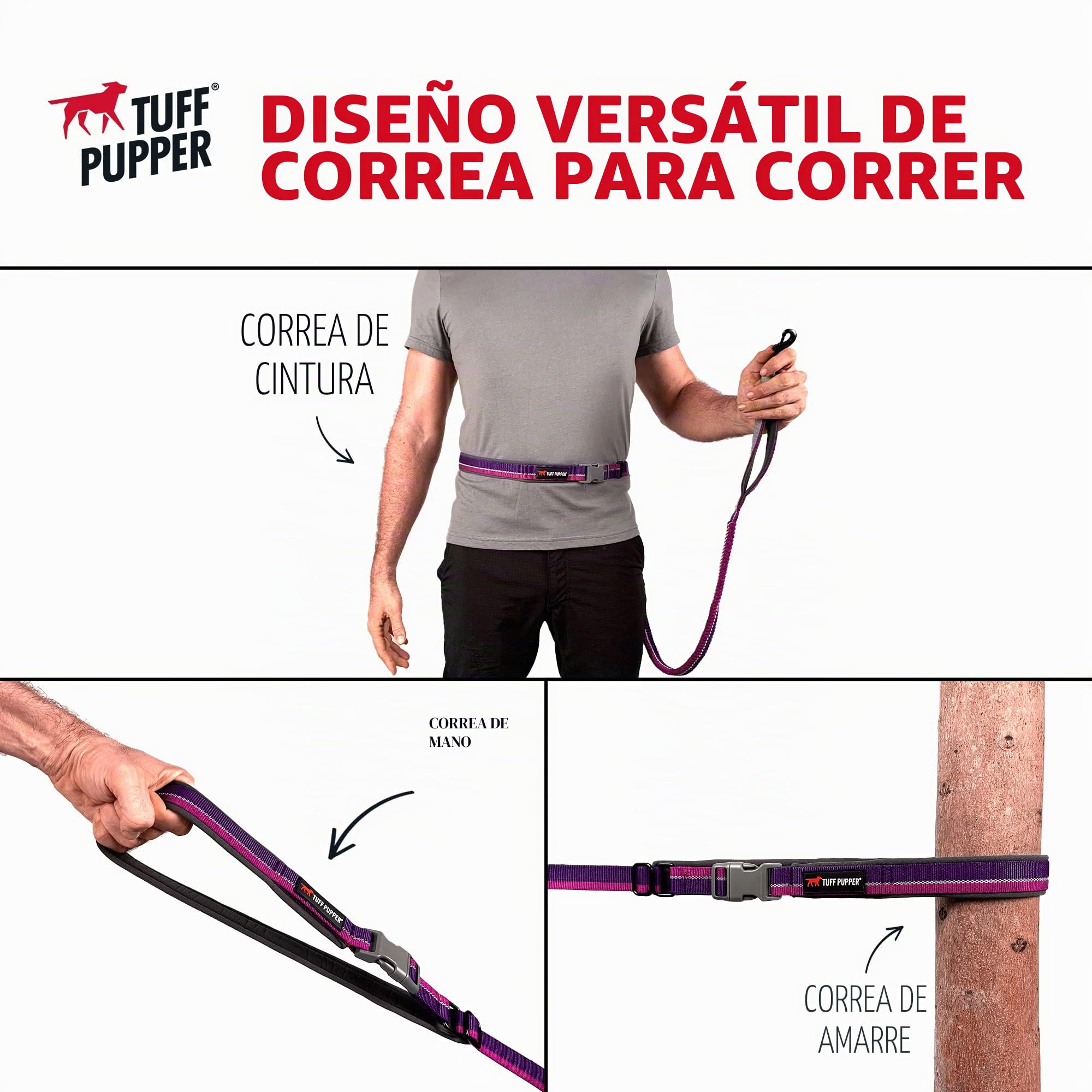 Correa para Perro Tuff Pupper Manos Libres de Longitud Ajustable | Ligero para Correr, Trotar y Caminar | Cinturón Acolchado (115-180 cm) | Ajusta de 1 a 2 Metros de Longitud