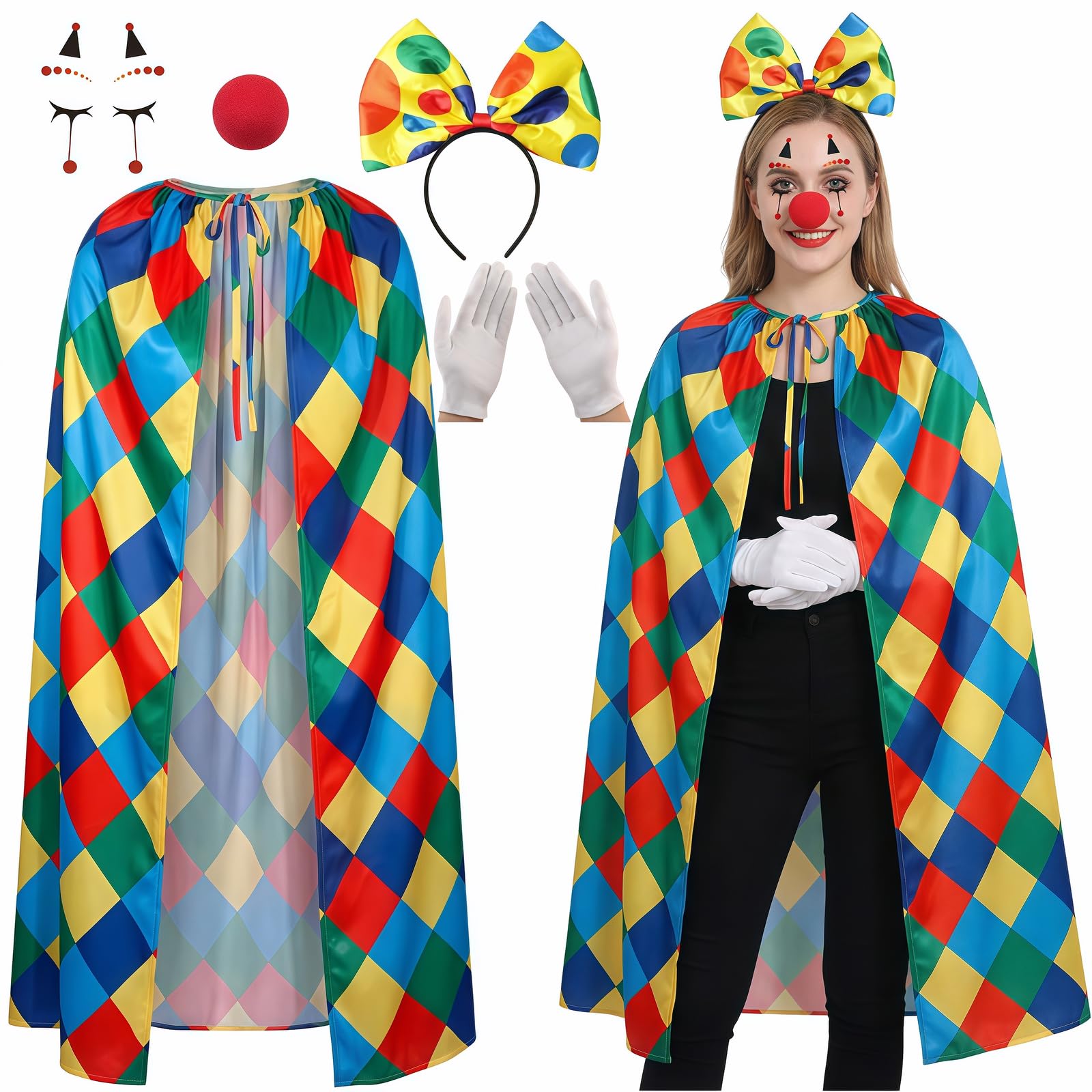 Boyigog Clown Costume Halloween Clown Fancy Dress Costume Adults 5Pcs with Clowns Cape Bow Headband Red Nose Face Stickers Gloves, Women Rainbow Clowns Outfit for Halloween Cosplay Party