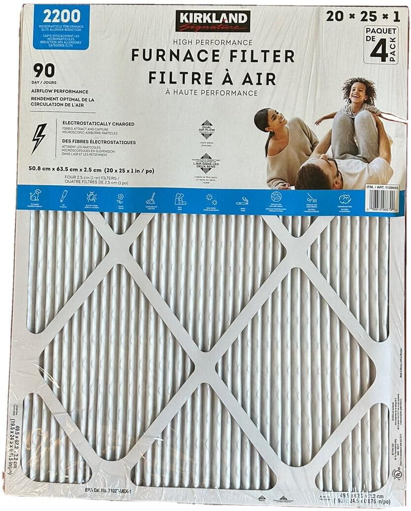 Kirkland Signature 20x25x1 Air Filter (4-Pack) Electrostatic Pleated Air Conditioner HVAC AC Furnace Filters for Allergies, Pollen, Mold, Bacteria, Smoke, Allergen, MPR 2200,Furnace Filter