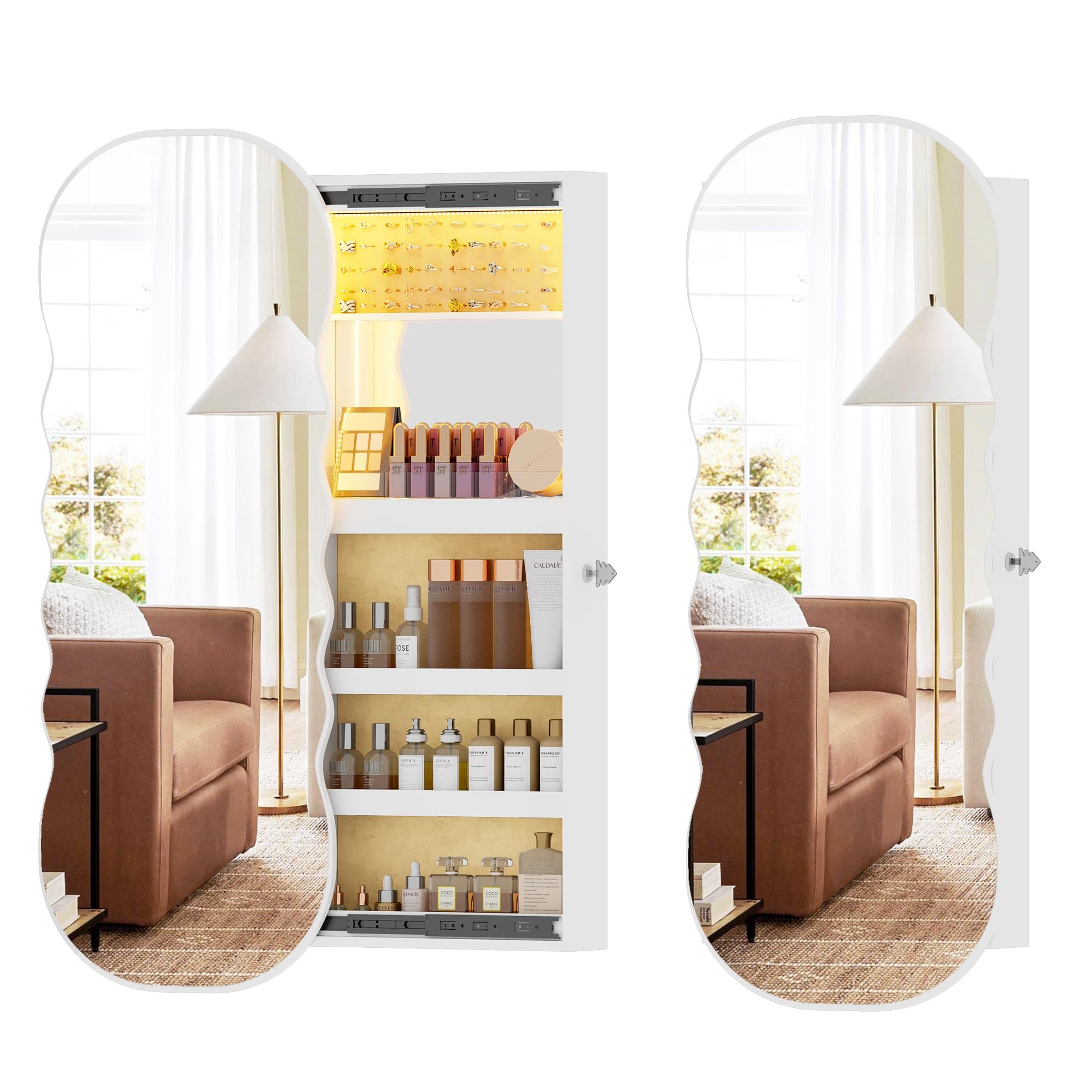 Lvifur Jewelry Armoires with LED Lights, Hanging Jewelry Storage Cabinet Lockable Wavy Mirror Jewelry Organizer, Lockable Frameless Mirror with Storage, LED Jewelry Cabinet Wall/Door Mounted(White)