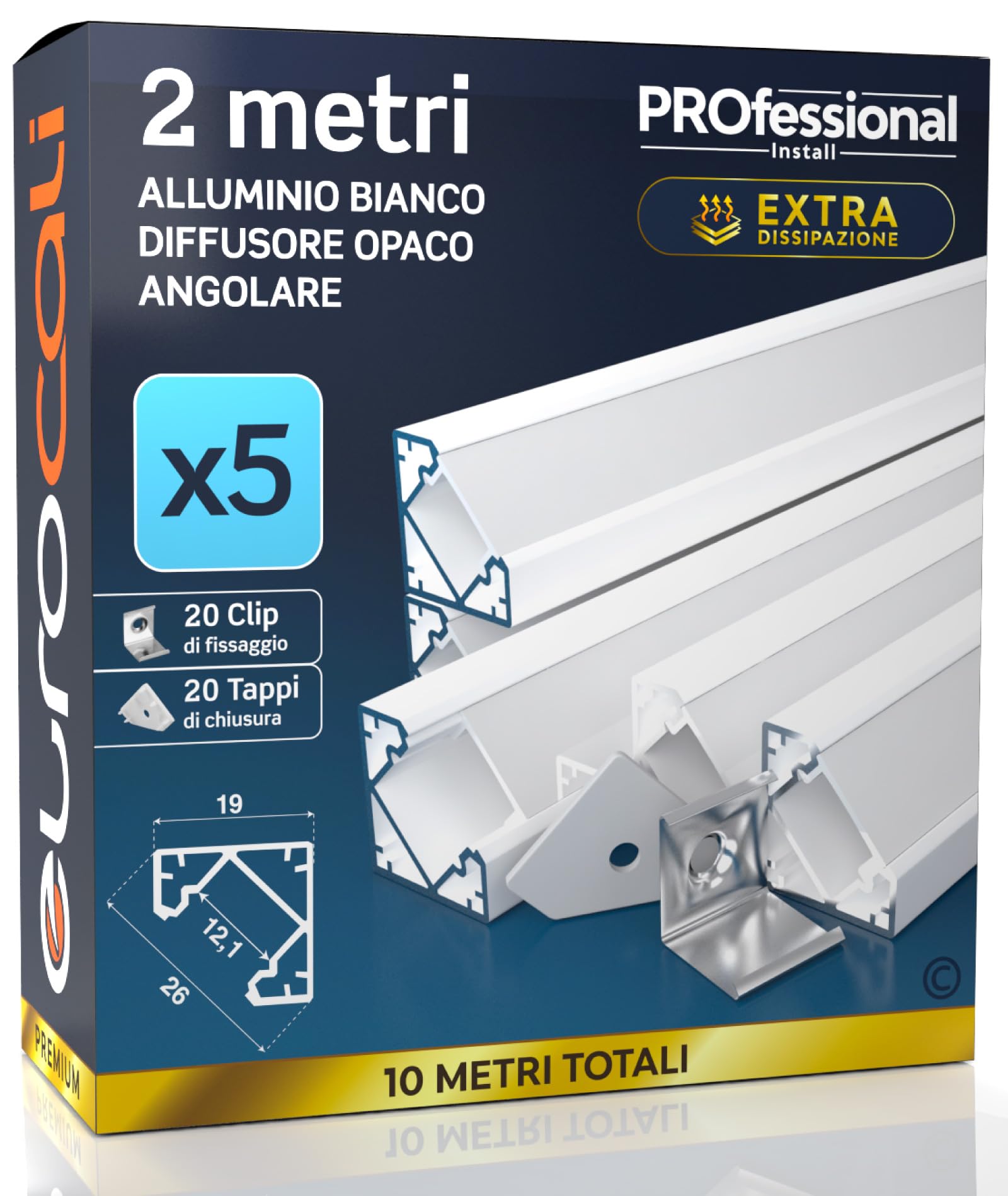 5x Profili Angolari da 2 metri (10mt) in Alluminio Bianco per Strisce LED Schermatura Opaca ingombro max striscia led 12.1mm - 19 x 19