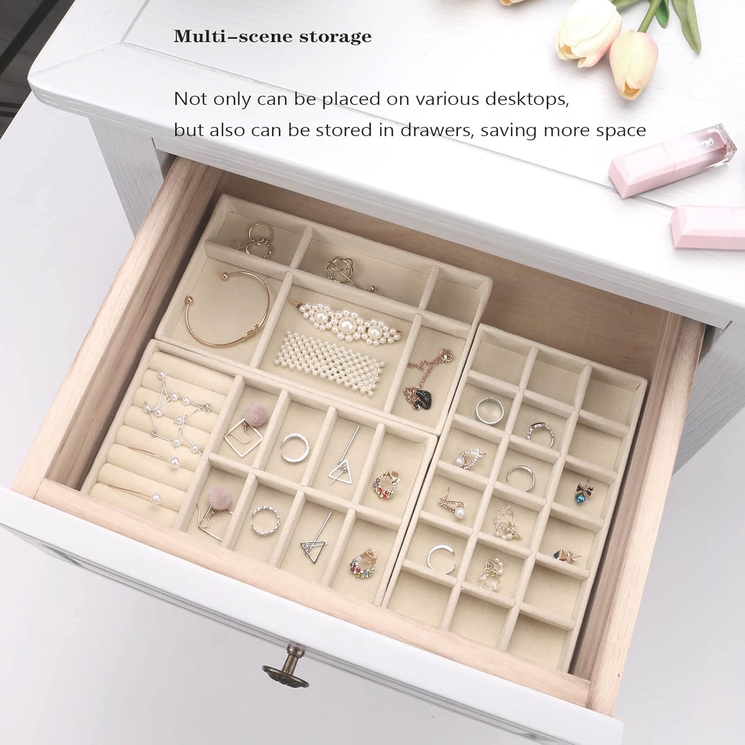 Velvet Jewelry Organizer for Drawer, Stackable Jewelry Storage Trays in Dresser, Small Drawer Inserts Display Case for Rings Stud Necklaces Accessories, Set of 4 - Image 7