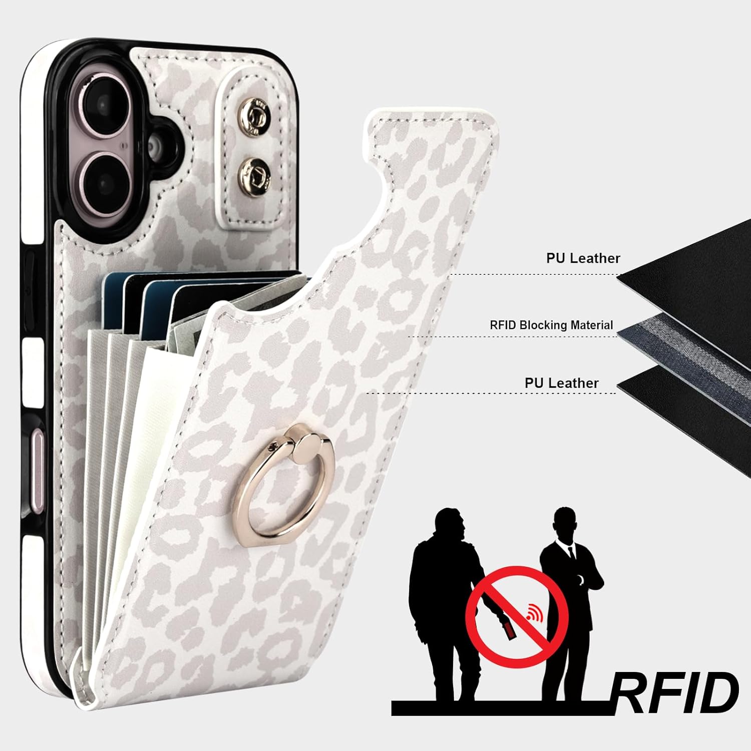 HAOPINSH for iPhone 16 Wallet Case with Card Holder, 360°Rotation Ring Kickstand, White Leopard Pattern, RFID Blocking Leather for Girls Women, Double Buttons Protective Cover 6.1"