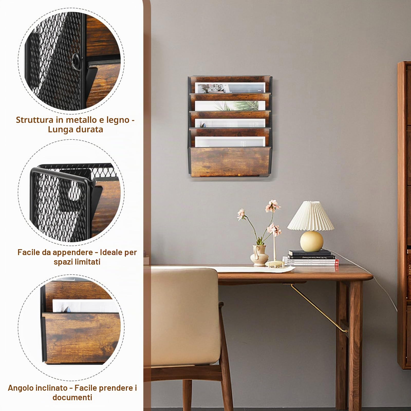 TQVAI Organizer Documenti Parete, 5 Ripiani Metallo Legno Portariviste Parete Scaffale per Documenti A4 Organizzatore Scrivania Ufficio Casa, Antico/Nero