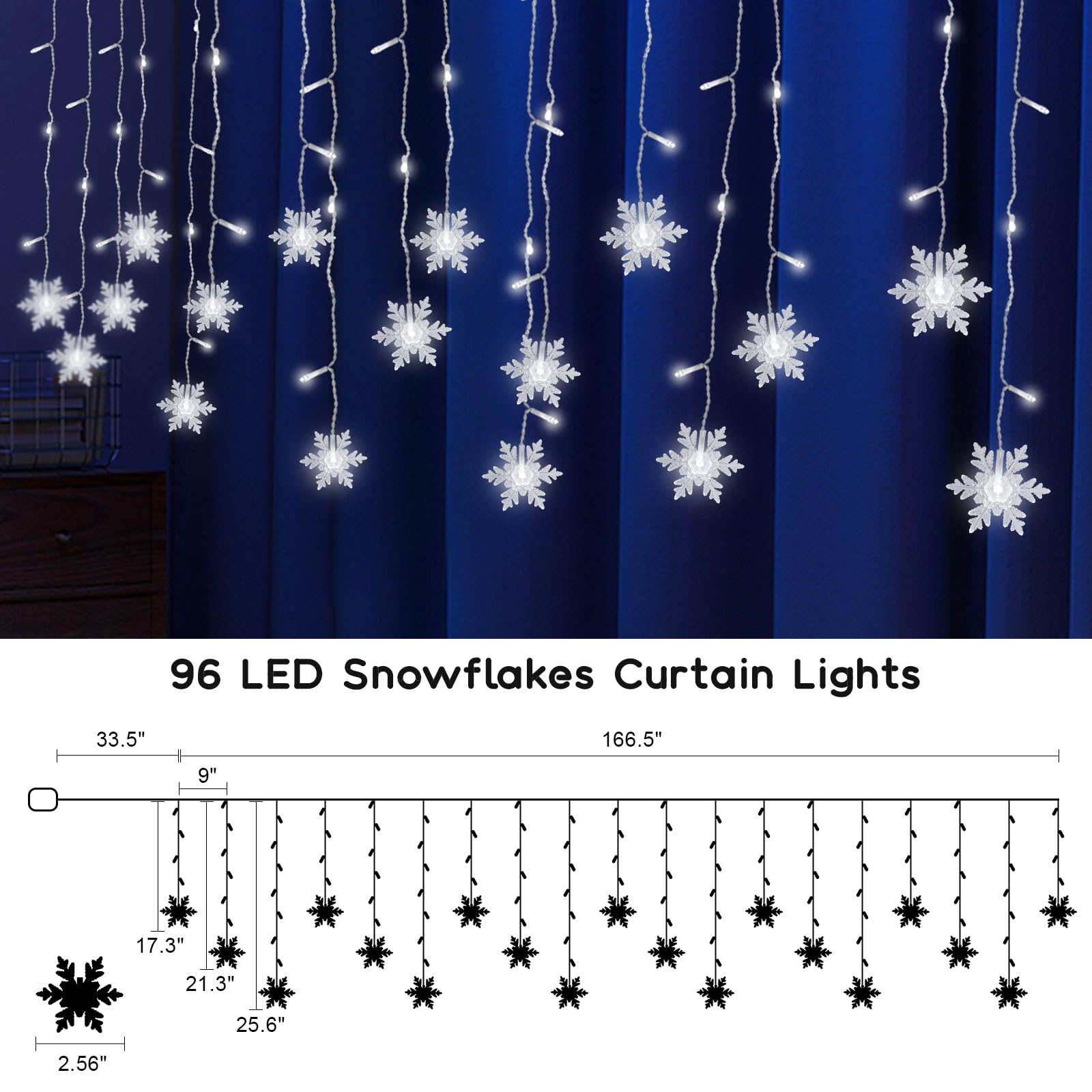 Guirlande Lumineuse Rideau 96 LED Flocons De Neige - Pour Noël (intérieur/extérieur) - Neuf