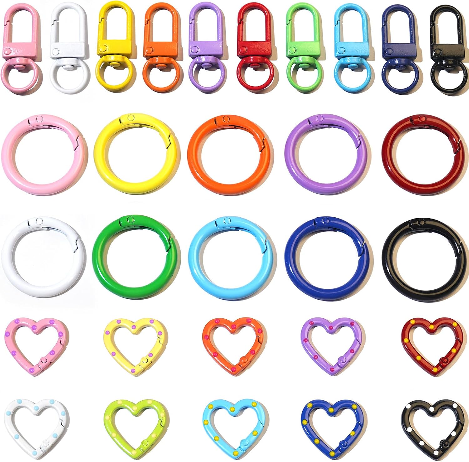 60PCS Colorful Keychain Clasp – 3 Styles Spring O Ring, Heart Clasps, Lobster Claw Clasps for DIY Crafts, Keychains, Bag Charms, Gifts, Pet Tags & Party Favors