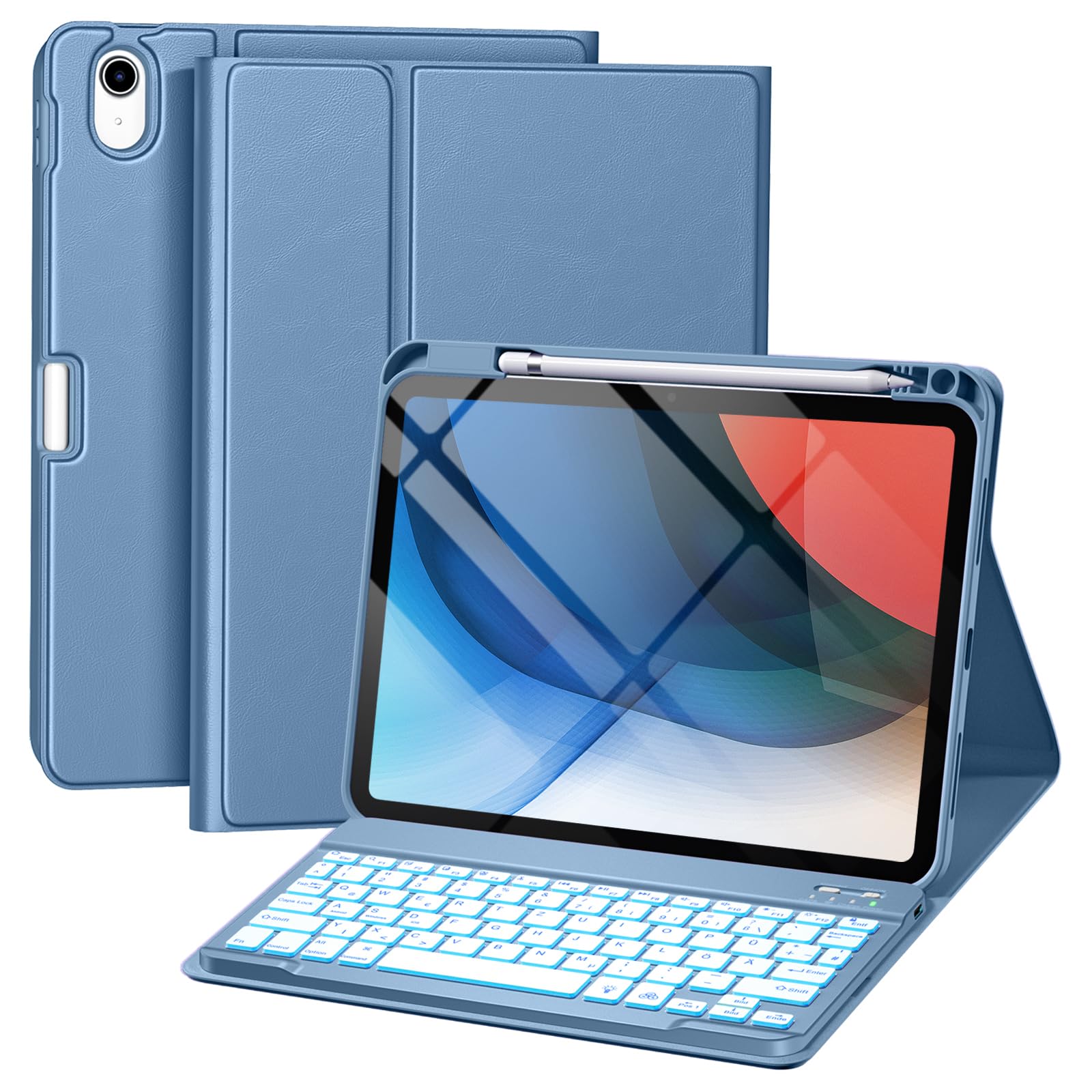 drivego Hülle mit Tastatur für iPad A16 11. 2025/10. 2022 (11/10.9 Zoll) | 7-farbige Beleuchtung Magnetische Abnehmbare Tastatur für iPad 11/10 Generation Hülle mit Stifthalter, Blau