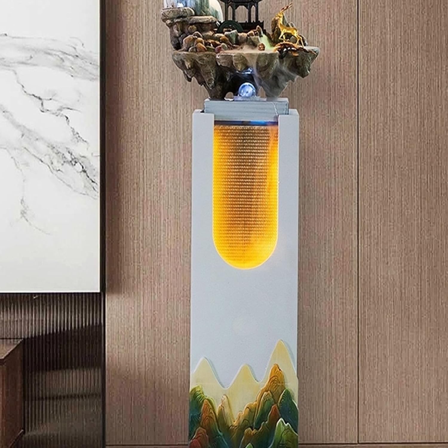 Outdoor Fountains Floor Standing Fountain with Artificial Rockery and LED Lights, Living Room Balcony Courtyard Circulating Water Landscape Garden Water Fountain(Yellow)