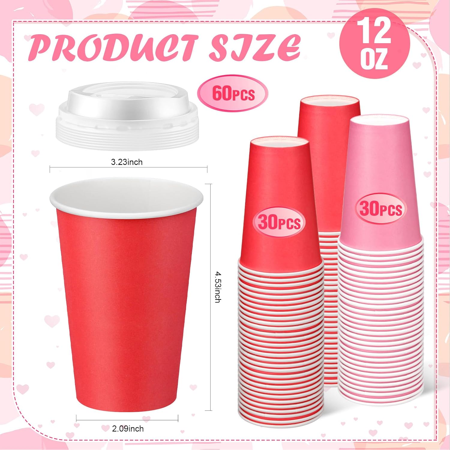 Tioncy 60 Pcs 12oz Valentine's Day Coffee Paper Cups with Lids Hot Cocoa Cups Valentines Red Pink Paper Beverage Tumbler Hot Chocolate Cocoa Container for Wedding Anniversary Party Supplies - Image 3