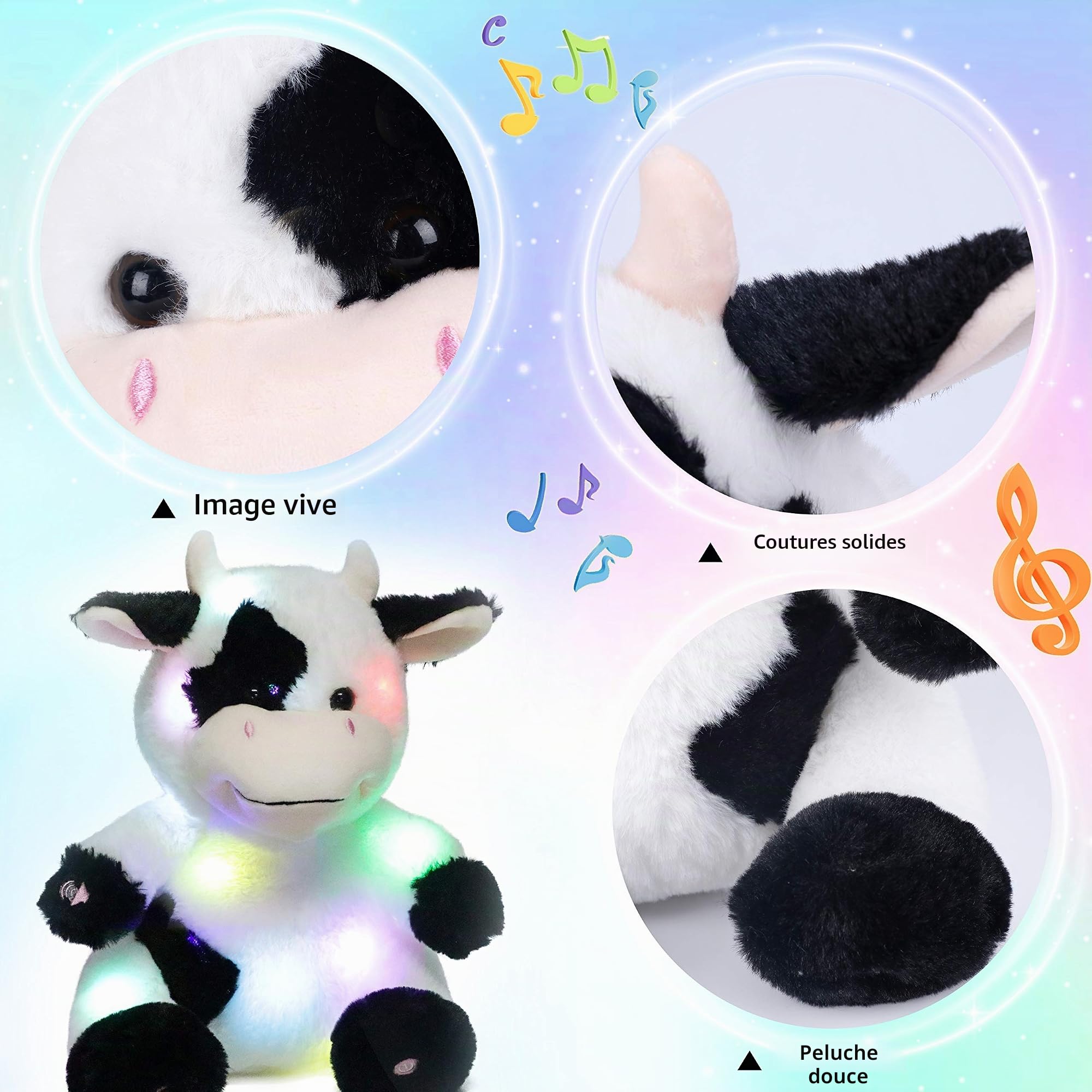 Hopearl Vache Musicale Peluche Lumineuse LED Qui Chante Volume Réglable, Veilleuse Animée Apaisante - Cadeau Anniversaire Fête pour Enfants Filles, 33cm