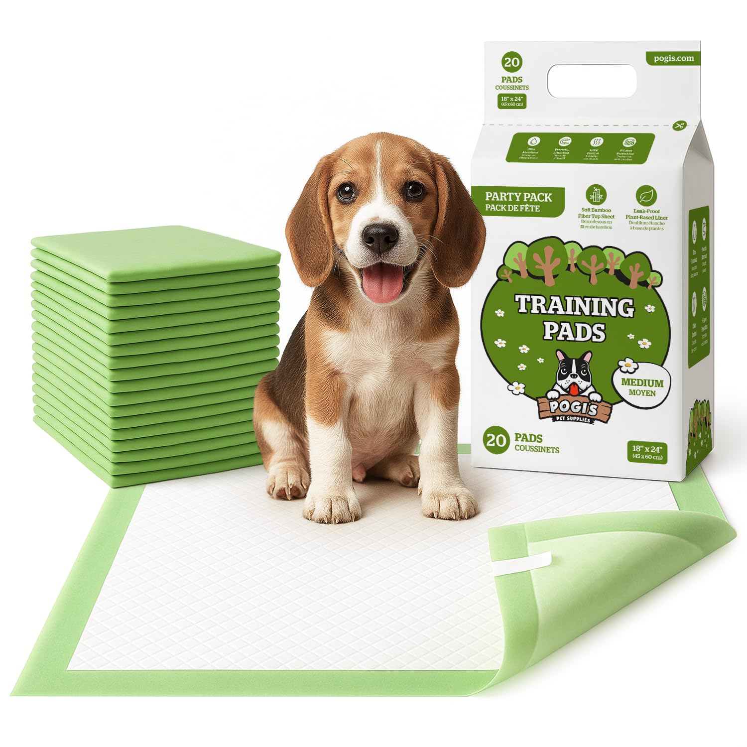 Pogi’s Puppy Pads with Sticky Tabs – Medium, Super Absorbent, Odor Blocking, 40-Count (18x24in)
