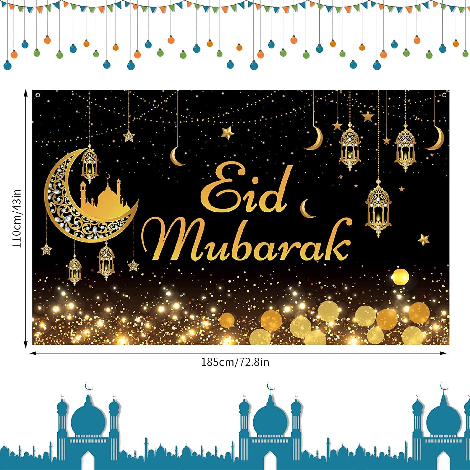 Banner Decorativo Eid Mubarak Per Porta, Cartello Ramadan Con Scritte Blu, 100x39,5 Cm - 5