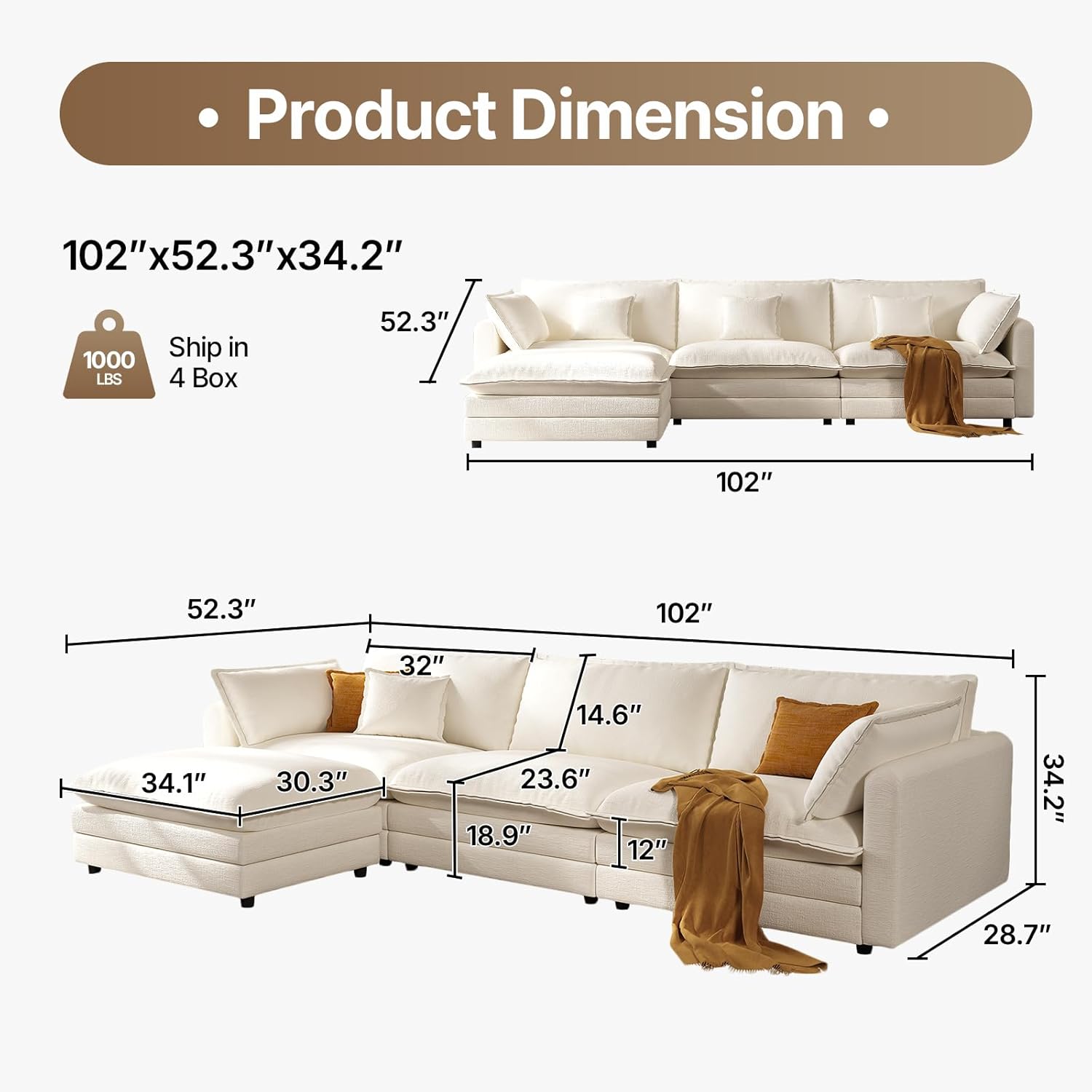 102'' Modular Sectional Sofa Green Couch Cloud Couches for Living Room, L Shaped Couch with Movable Ottoman, Modern Cloud Sectional Sofas for Bedroom and Apartment Beige