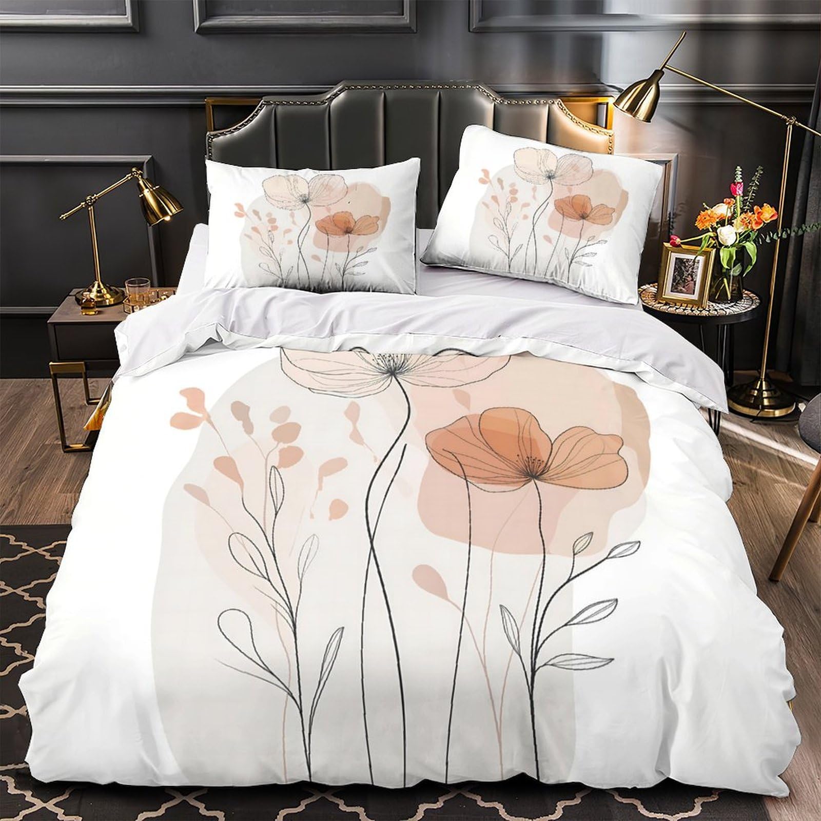 Housse de couette art floral minimaliste 135x200 parure de lit microfibre avec taie