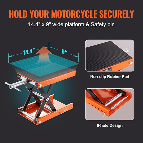 Miniatura 22 de VEVOR Elevador de motocicleta, 1100 libras, centro de motocicleta, gato de elevación de tijera con sillín y pasador de seguridad, soporte