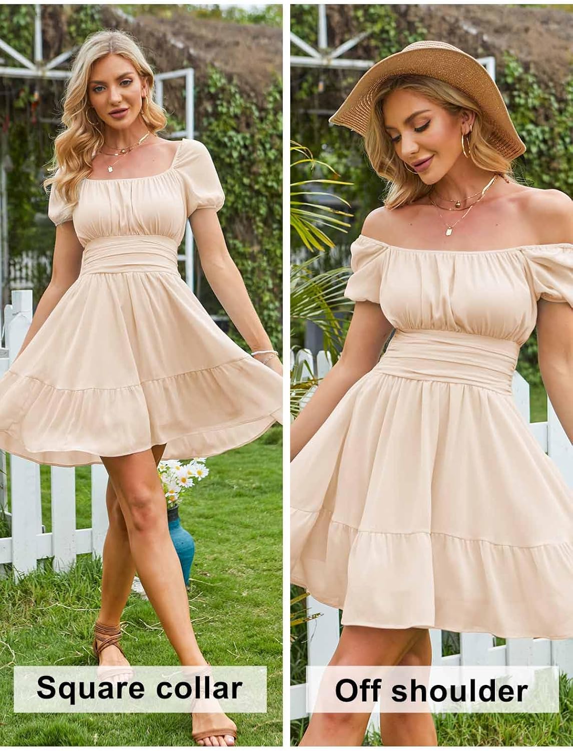 EXLURA Women's 2026 Summer Short Puff Sleeve Casual Short Mini Dresses Tie Back Square Neck A-Line Sundress - Image 5