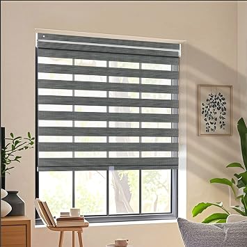 Cordless Zebra Blinds No Drill No Tools Dual Layer Fabric Roller Shades for Window Custom Size Blackout Privacy Window Blinds and Shades for Room Darkness, 95% Darkness Dark Grey, 59 1/2" W x 48" H