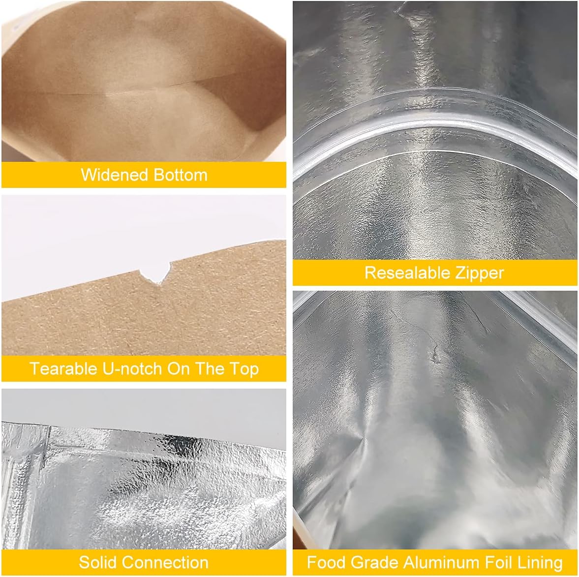 SumDirect Kraft Stand Up Pouches - 50 Pack 7x12 Inch Zipper Food Storage Reusable Bags with Foil Lined for Home or Business