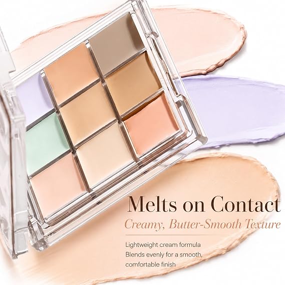 9 Colour Palette Cream Concealer for Dark Circles, Redness and Dullness, Blendable Face Palette for Brightening, Concealing and Contouring, Portable Compact (#1 Pastel Corrector)