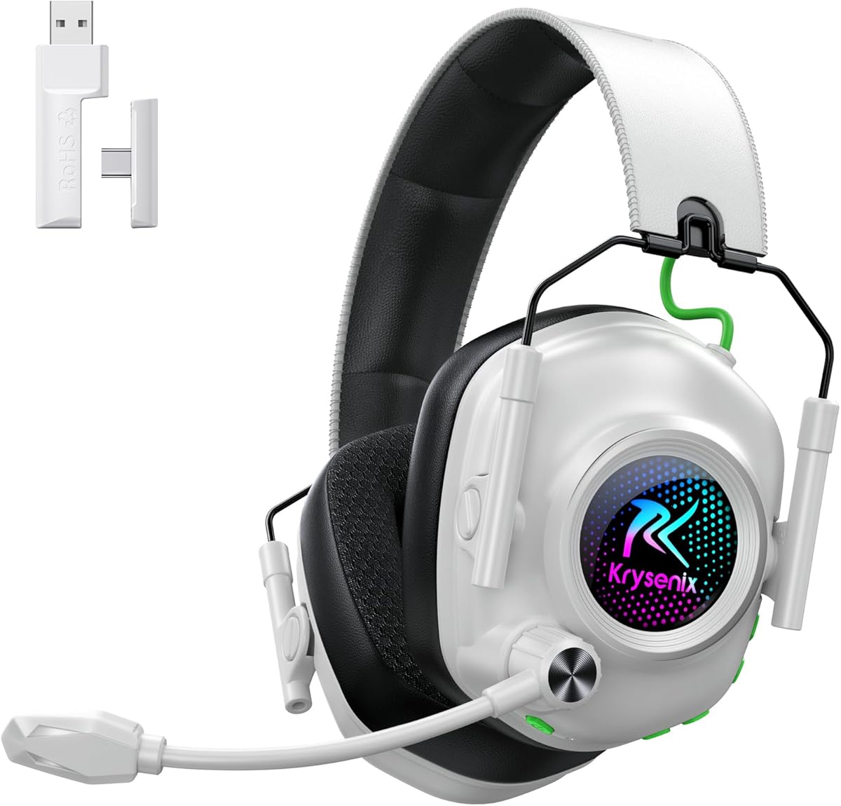 Krysenix Wireless Gaming Headset with Noise Canceling Microphone for PC, PS5, PS4, Switch, Mac, 2.4 GHz Wireless &amp; Bluetooth 5.4 Gaming Headphones, Cool RGB Lighting, 50Hr Battery, 50mm Drivers