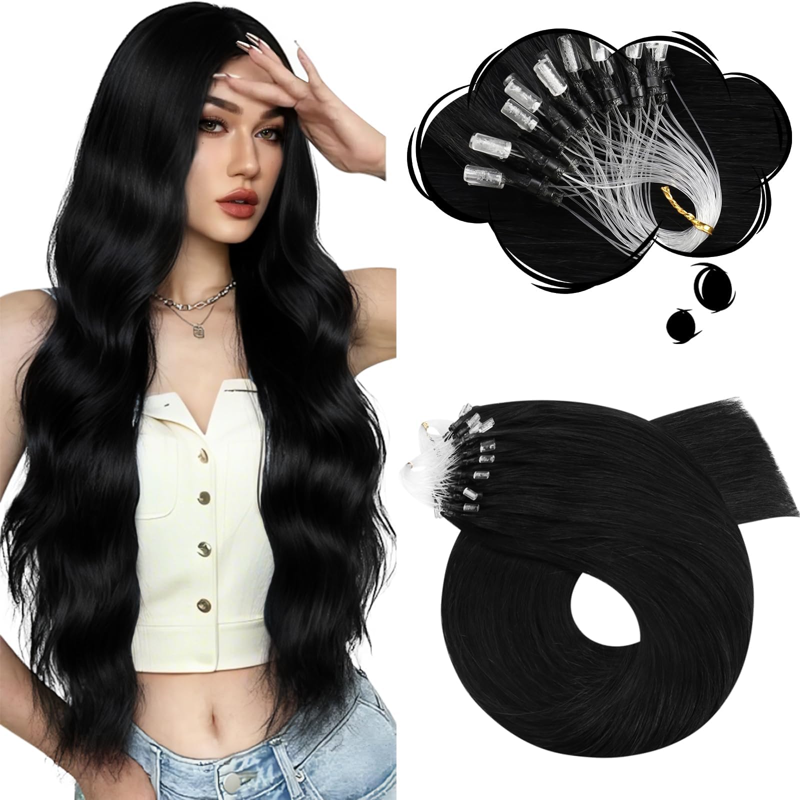 Moresoo Microlink Hair Extensions Human Hair Jet Black Micro Bead Hair Extensions Real Human Hair 24 inch Black Micro Link Extensions for Women 57g Easy to Install