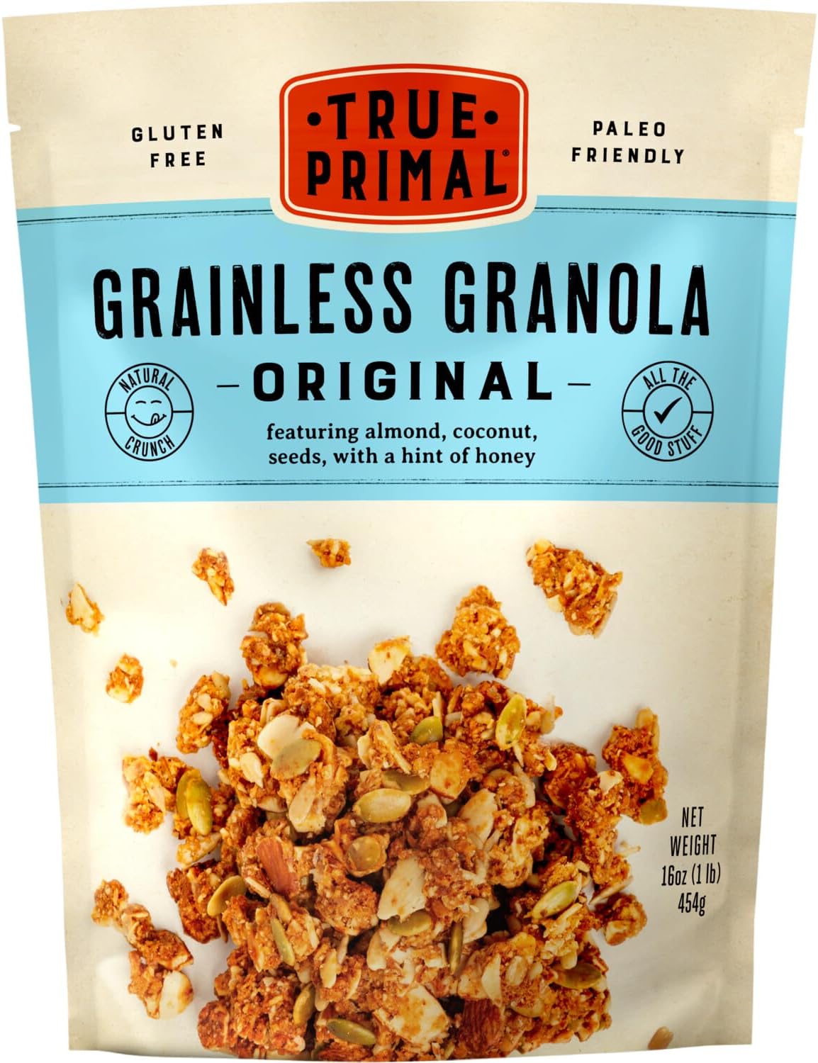 True Primal Grainless Granola Original. Made with honey. Gluten free. Grain free. (formerly Steve's PaleoGoods PaleoKrunch) 1 lb pouches 4-pack