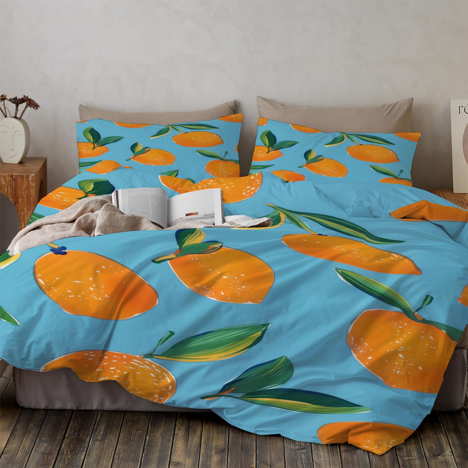 Housse de couette 220x240 tangerine en microfibre avec 2 taies d'oreiller