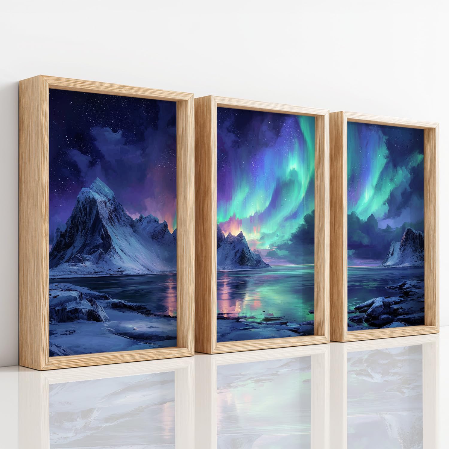 Juego de 3 Decoración De Pared Fantasía Paisaje, Impresión Sala Dormitorio, Posters Nórdico Aurora Gradiente Azul Pato Azul Cadena De Montaña Cielo Estrellado Sin Marco, Cuadro De Mural, 40 x 60