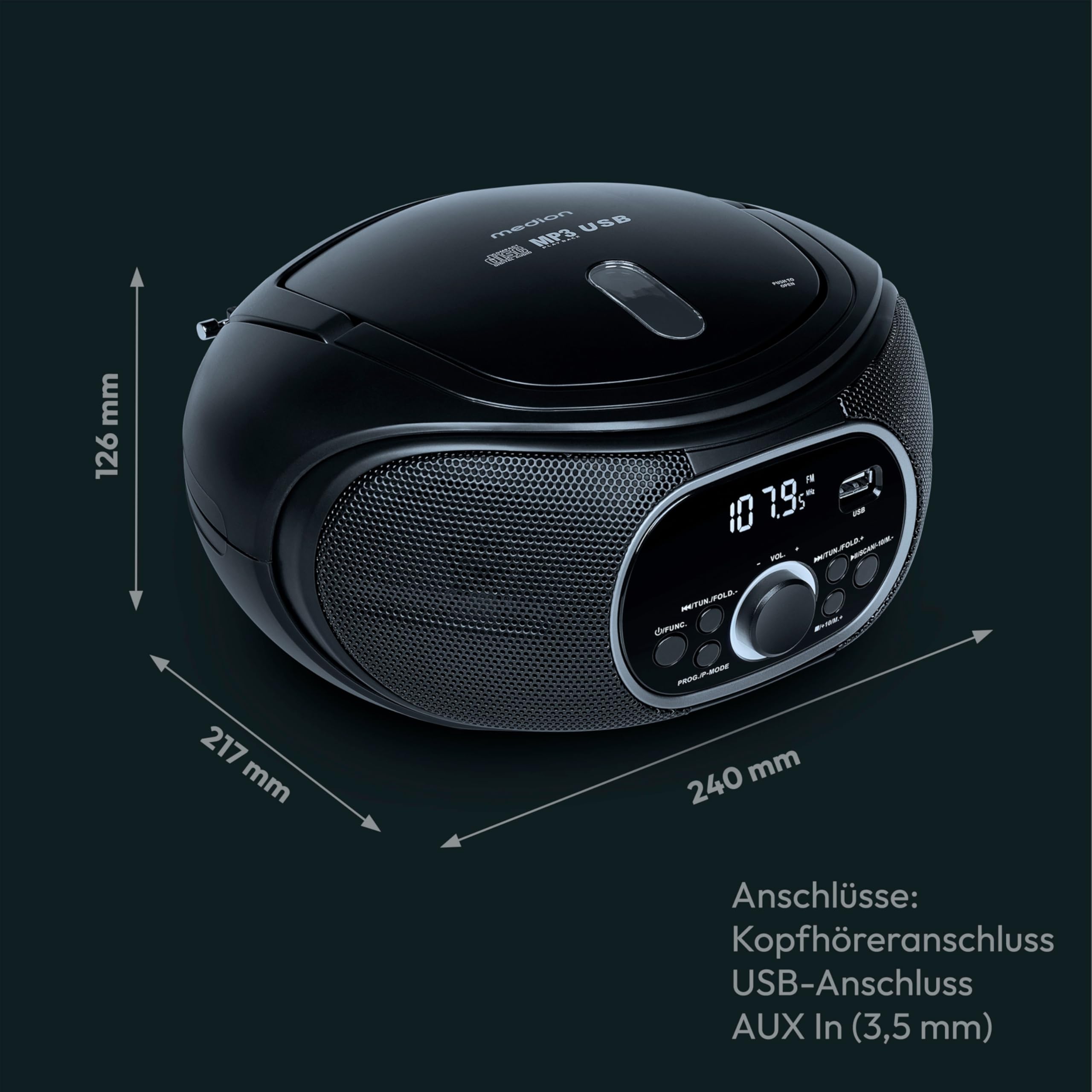 MEDION Przenośny Boombox E65711, odtwarzacz CD/MP3, FM FM, AUX, zasilanie bateryjne, czarny