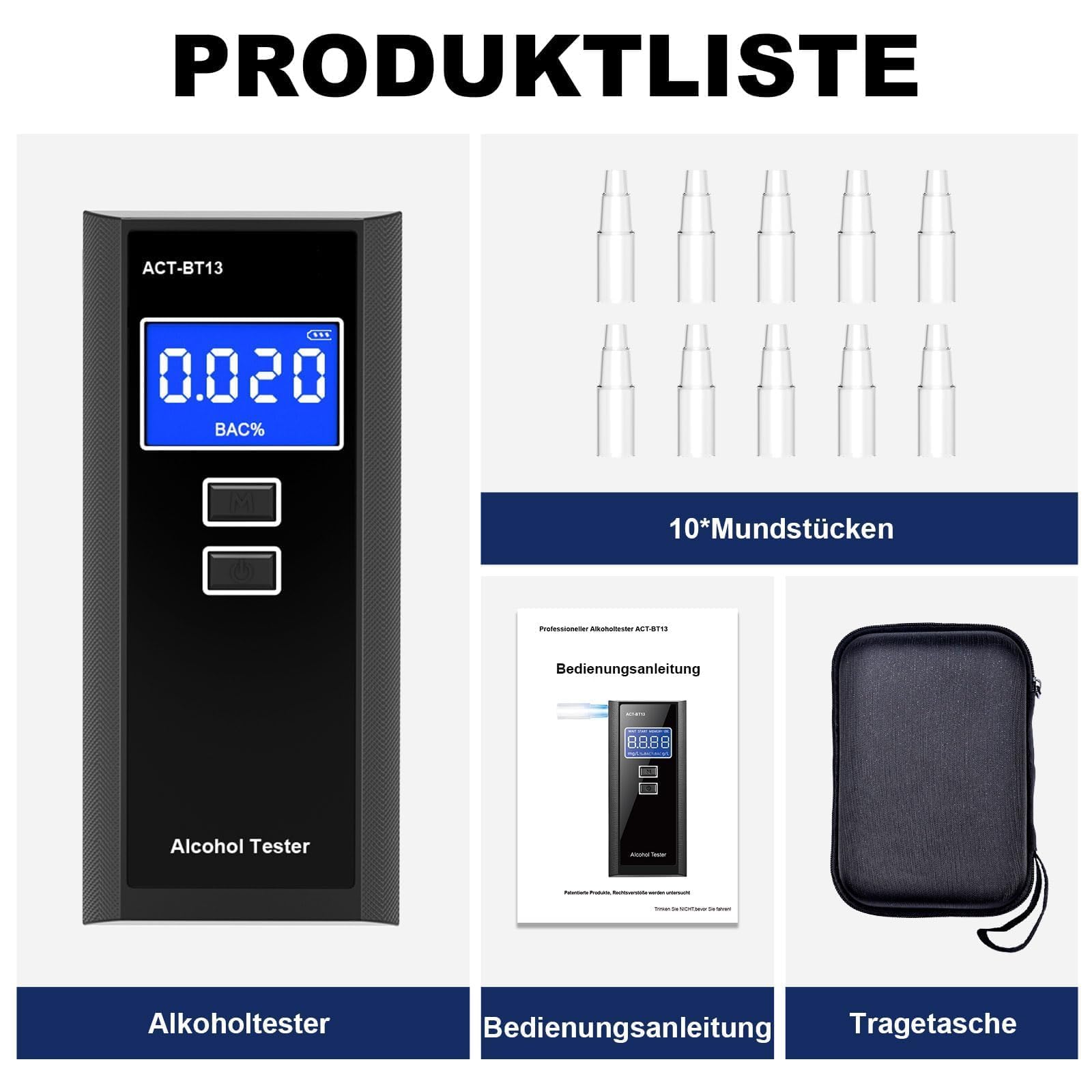 Alkoholtester mit 10 Mundstücken Tragetaschee - Präziser Tragbarer Alkotester, Digitales LCD Alkoholmessgerät, 50 Speicherplätze für Auto & Privat