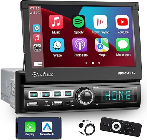Estéreo de coche de un solo DIN Apple Carplay y Android Auto 1 Din 7 pulgadas Flip Out pantalla táctil radio de coche con Bluetooth y micrófono